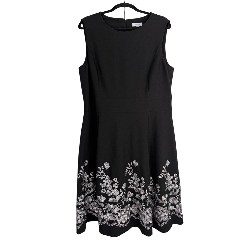 Calvin Klein Black Silver Embroidered A-Line Sleeveless Dress‎ Size 16